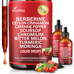 VivoNu 14-in-1-berberine-cinnamon-liquid-drops visual highlights a comprehensive blend for daily wellness.