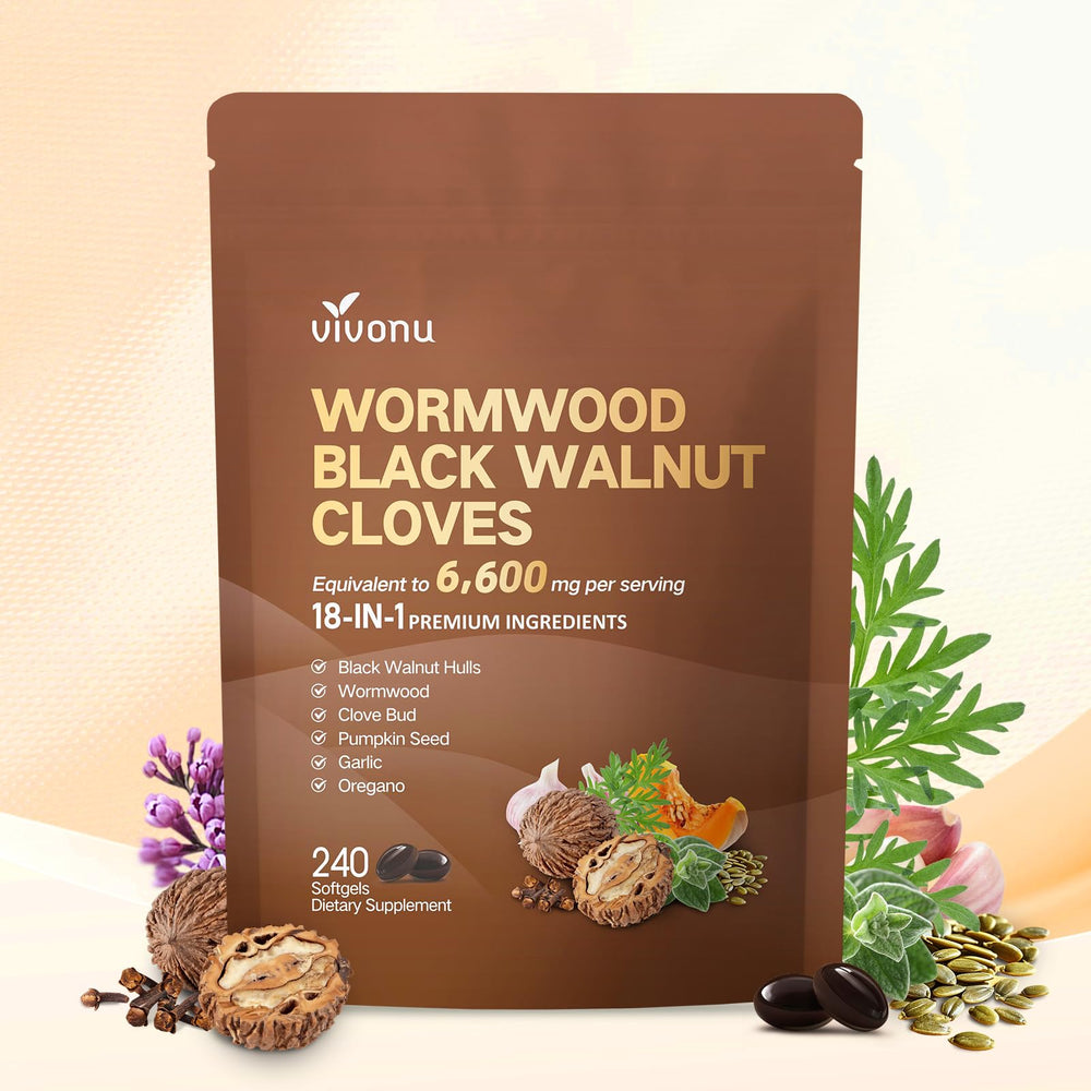 VivoNu 18-in-1 Wormwood Cleanse bottle shows the herbal blend for digestive balance.