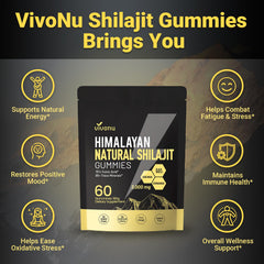 VivoNu Himalayan Shilajit Gummies bottle showcases organic, non-GMO formula.