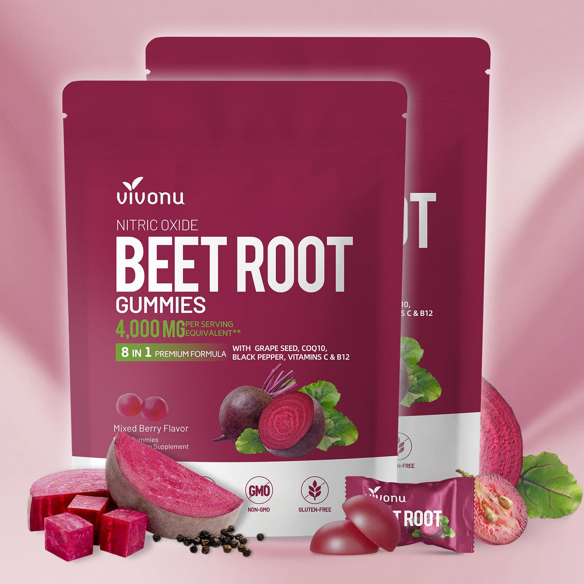 VivoNu Beet Root Gummies bottle-front for daily energy support.