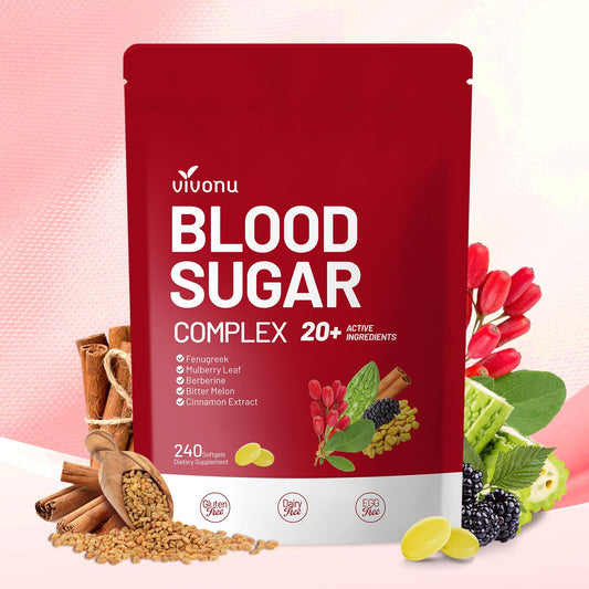 VivoNu Blood Sugar Complex bottle shows 80-day supply for daily use