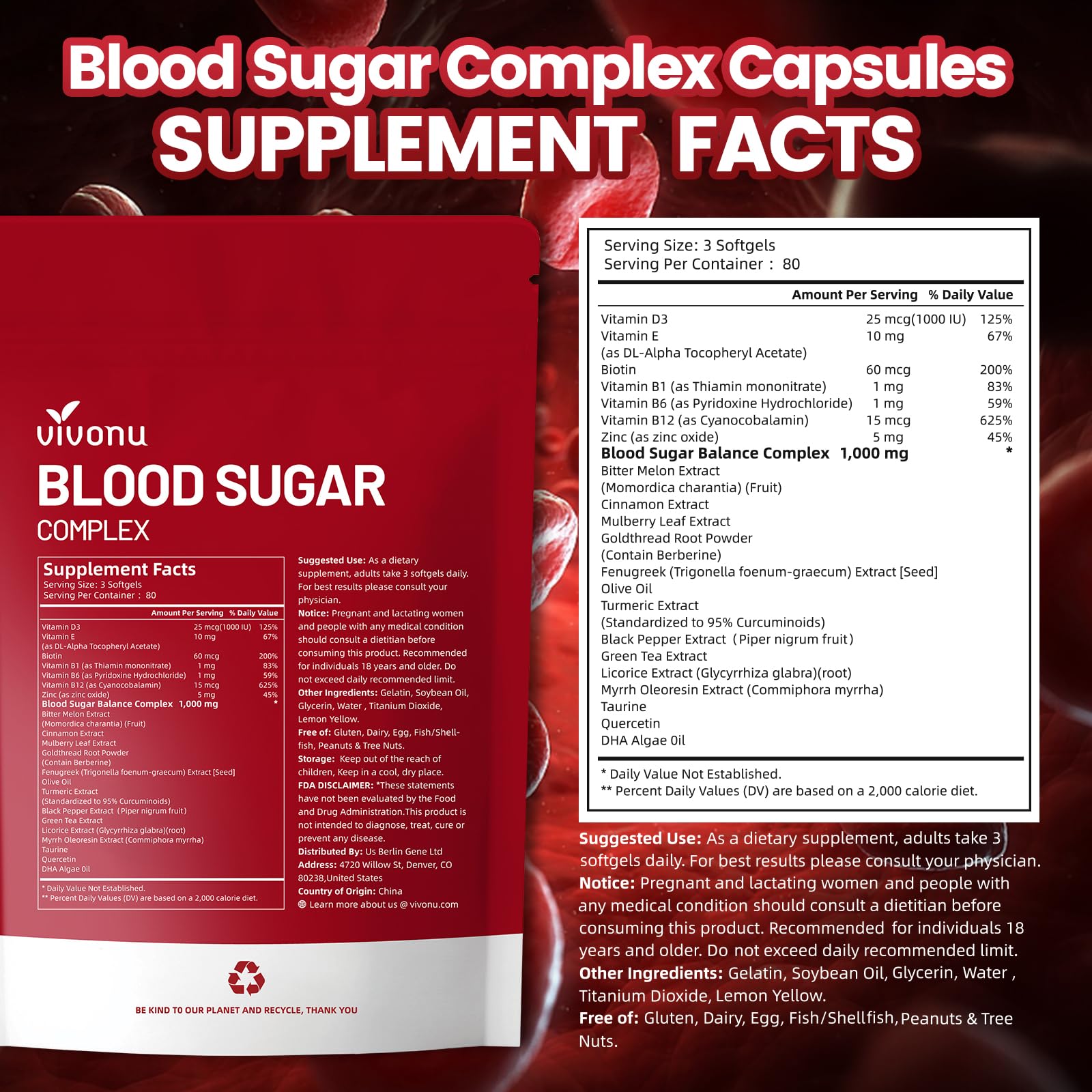 VivoNu Blood Sugar Complex nutrition facts panel detail on container