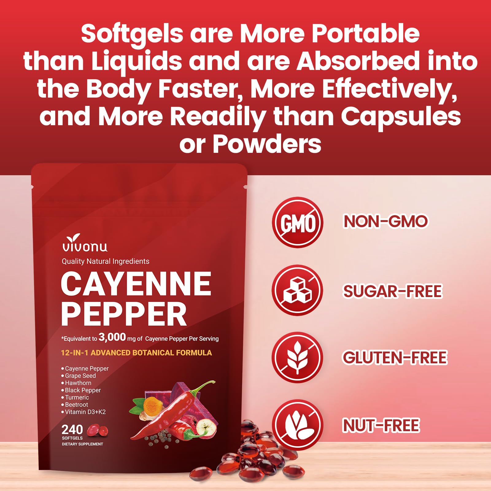 VivoNu Cayenne Pepper Softgels D3/K2/E badge highlighting nutrient blend