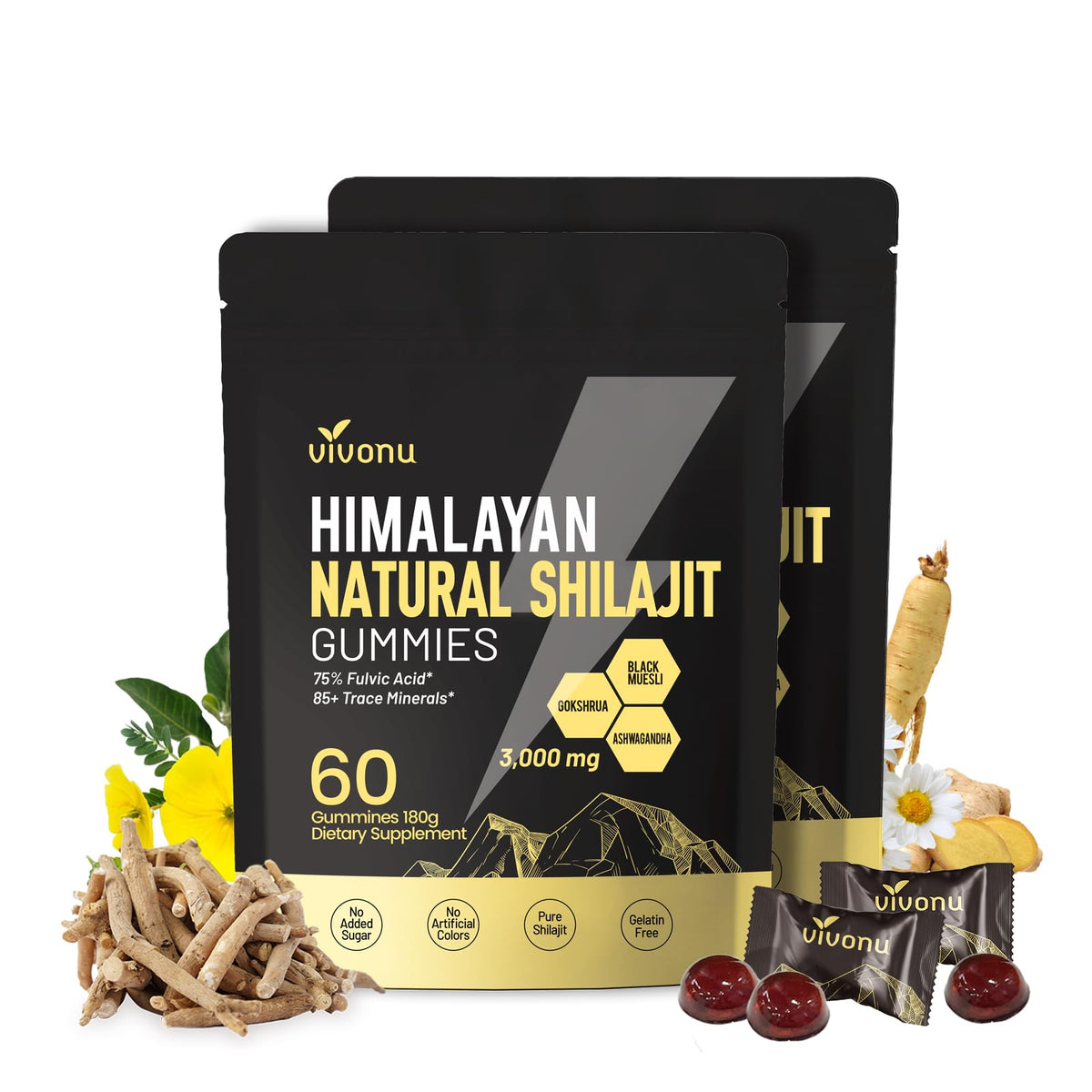VivoNu Himalayan Shilajit Gummies pack promotes on-the-go energy and vitality.