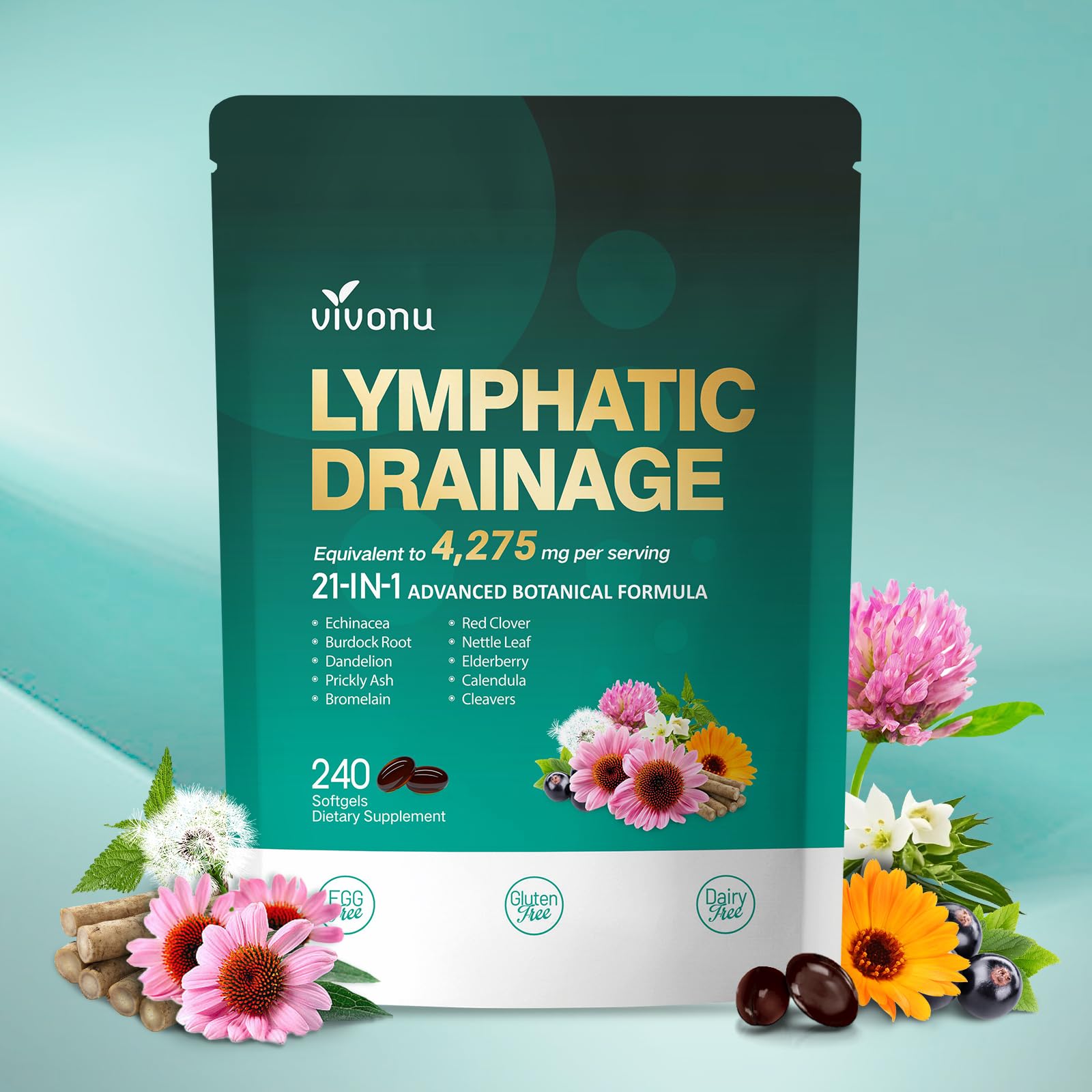 VivoNu Lymphatic Drainage softgels bottle supports daily wellness with a convenient three-capsule routine.
