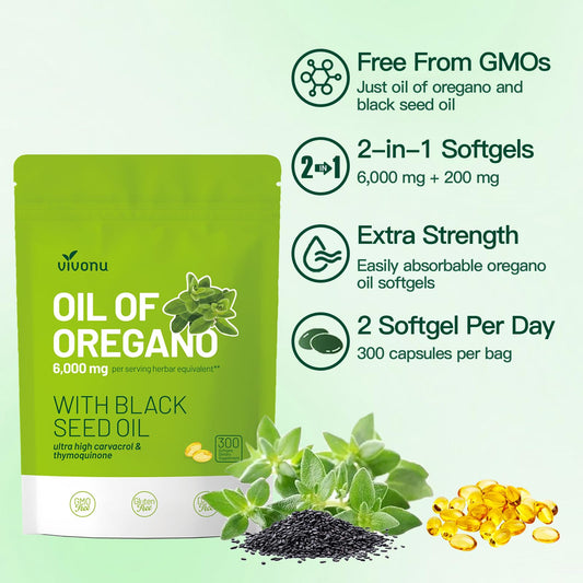 VivoNu oregano softgels close-up showing easy-to-swallow capsules