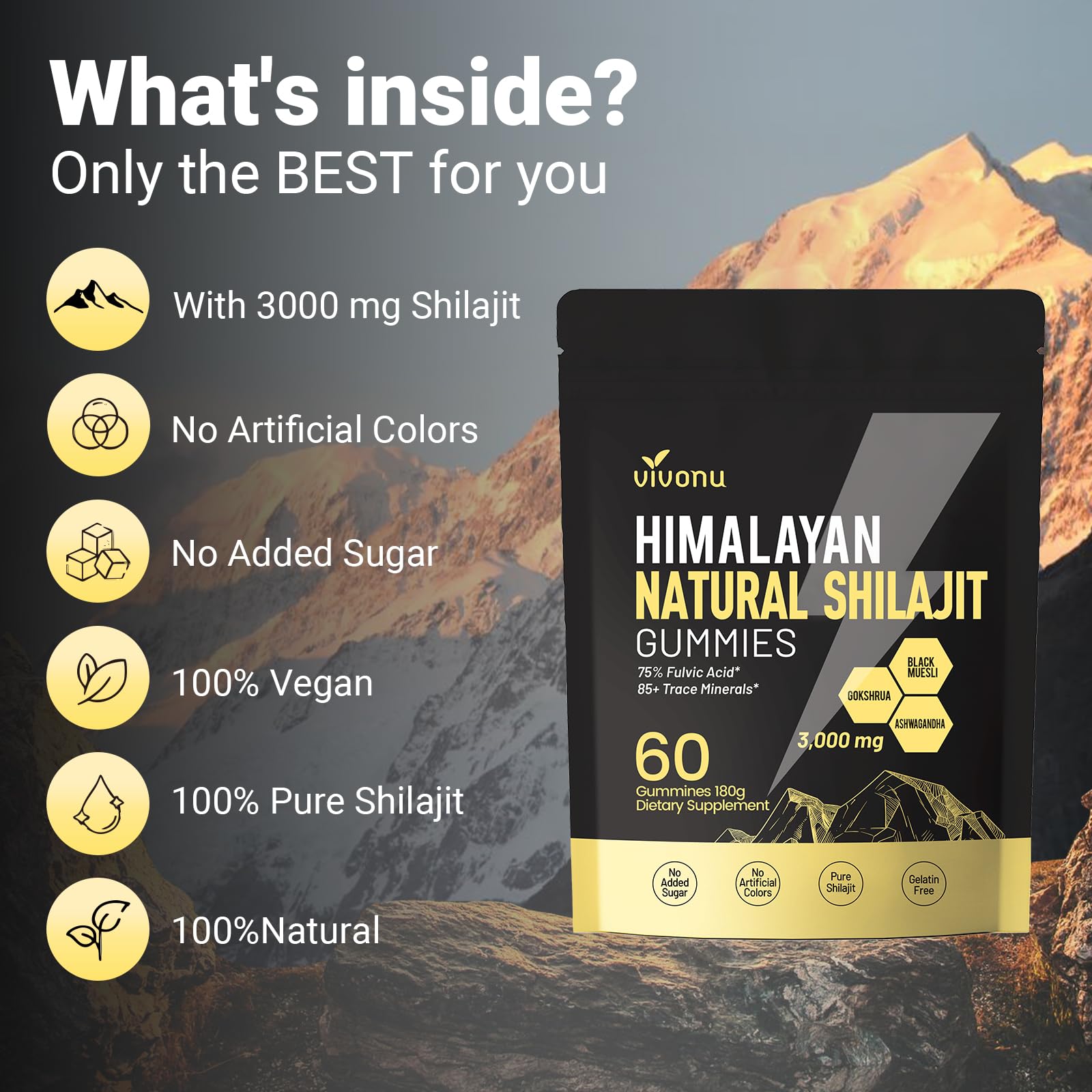 VivoNu Shilajit Gummies closeup shows gold resin gummies and natural flavor.