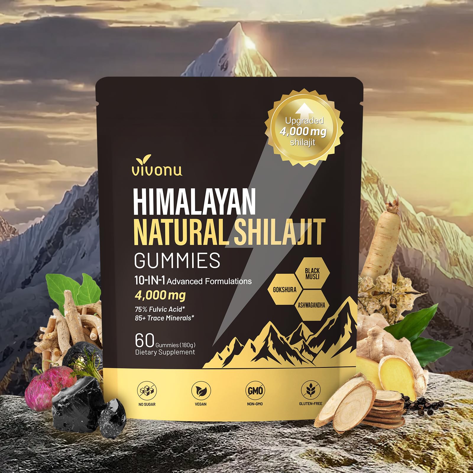 VivoNu Shilajit Gummies bottle closeup highlighting premium vitality for energy support