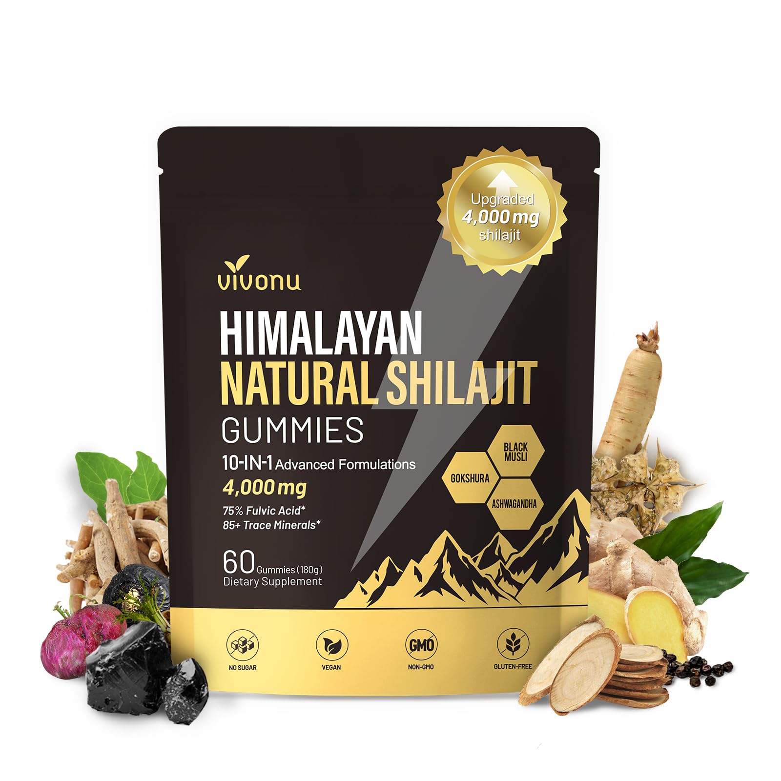 VivoNu Shilajit Gummies in golden bottle for on-the-go vitality