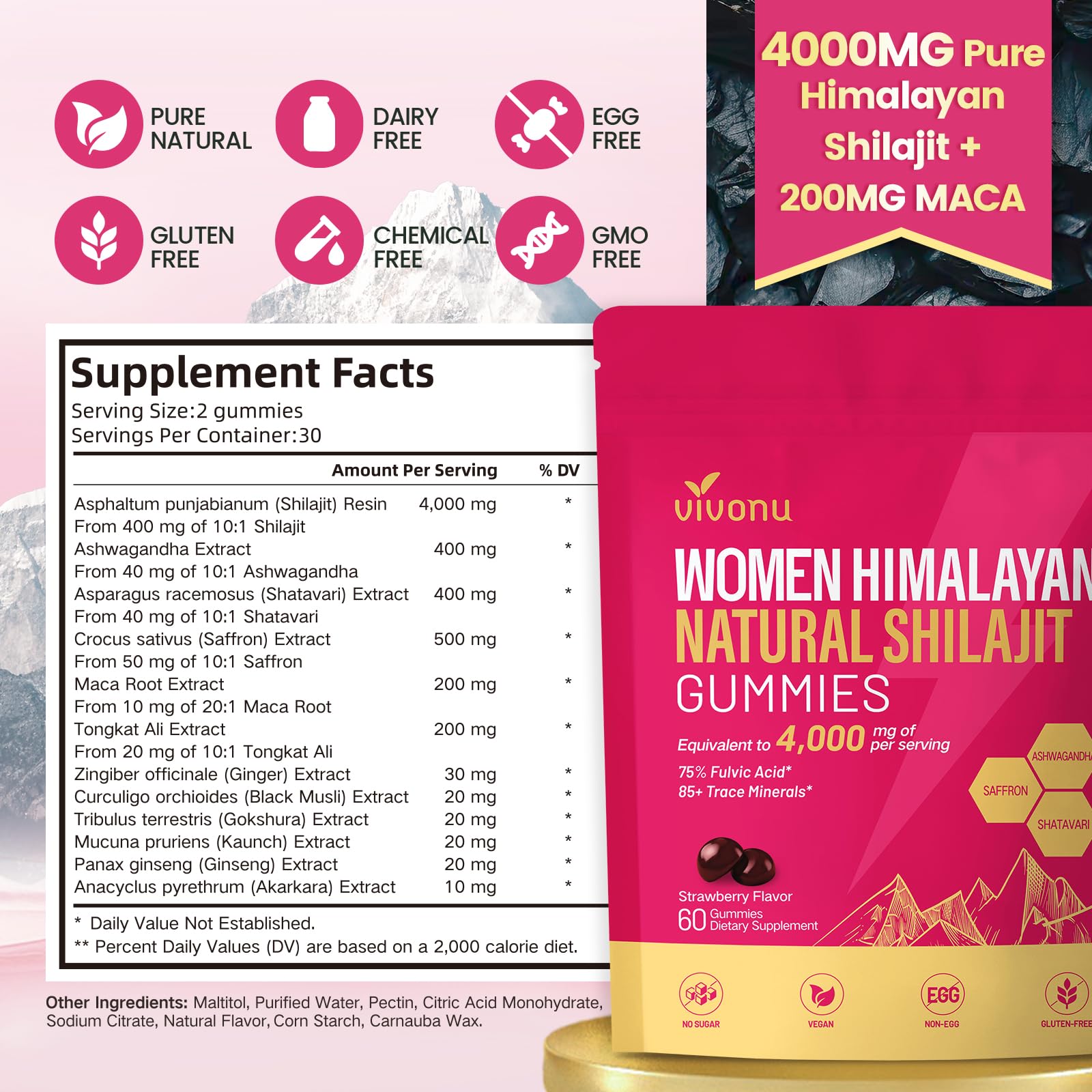 Open VivoNu Shilajit Women bottle pouring gummies for convenient use.