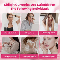 Strawberry-flavored VivoNu Shilajit Women gummies on white background.