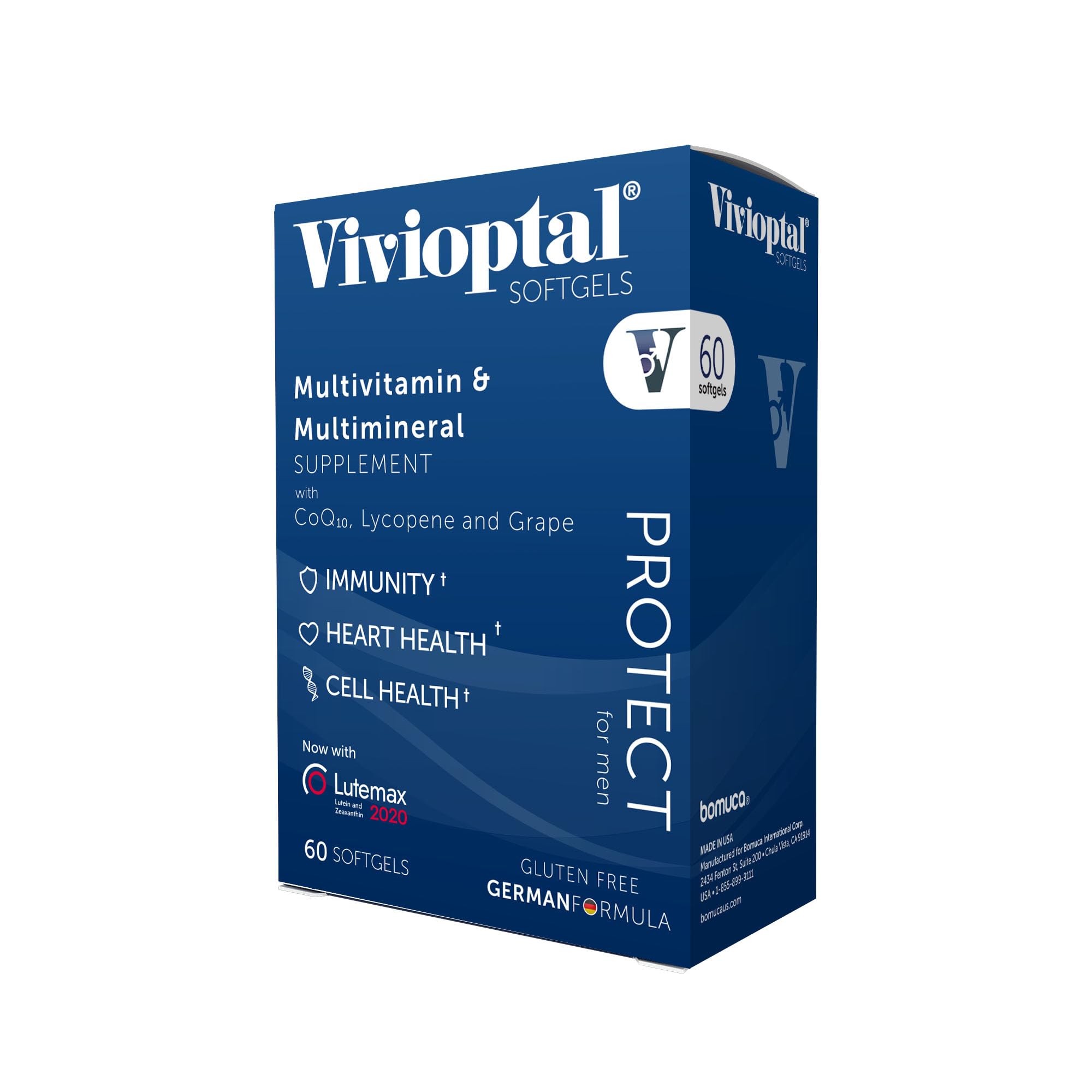 Vivioptal Men bottle front view showing gluten-free German formula for active men.
