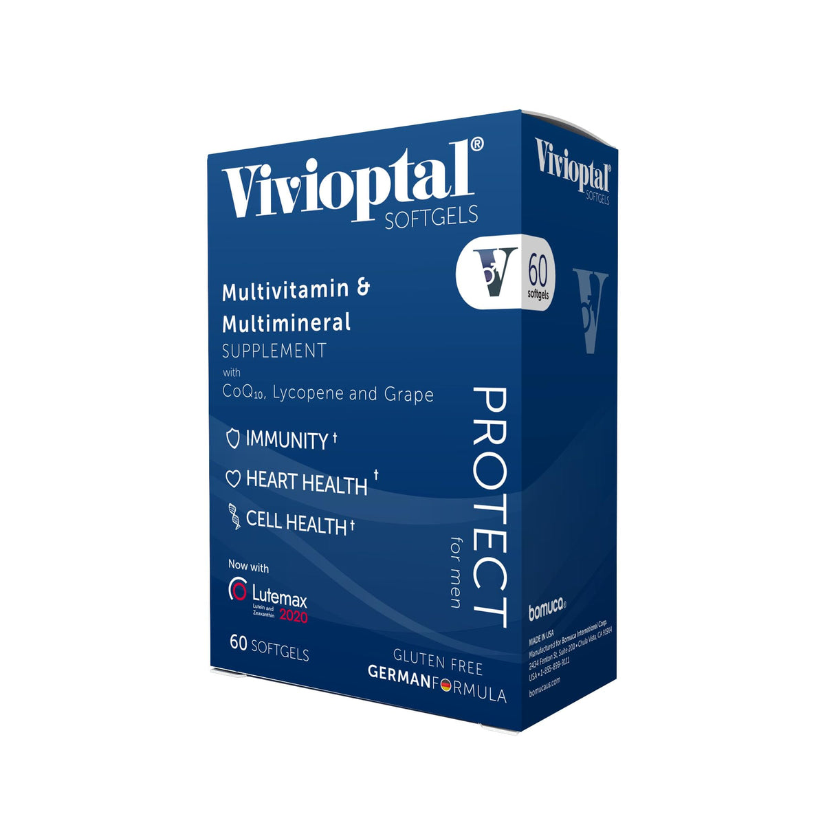 Vivioptal Men bottle front view showing gluten-free German formula for active men.
