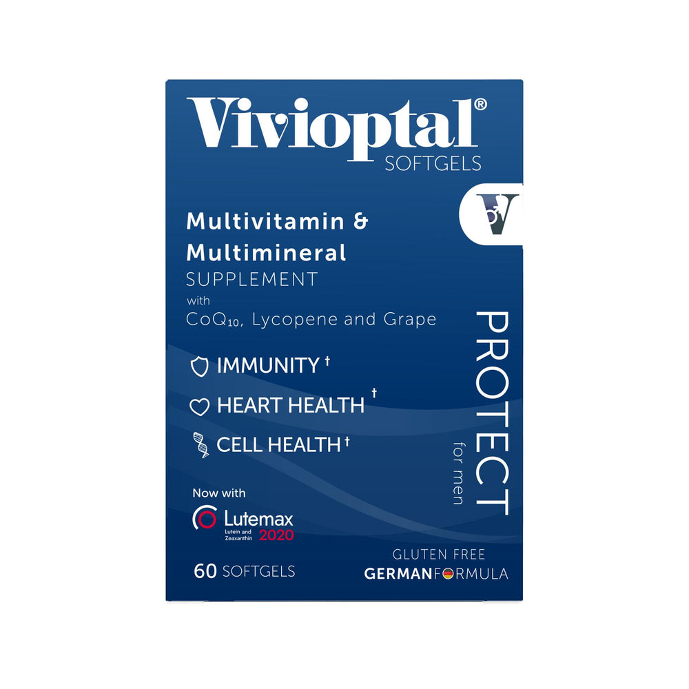 Vivioptal Men bottle side view with capsules inside.