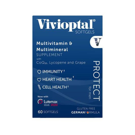 Vivioptal Men bottle side view with capsules inside.