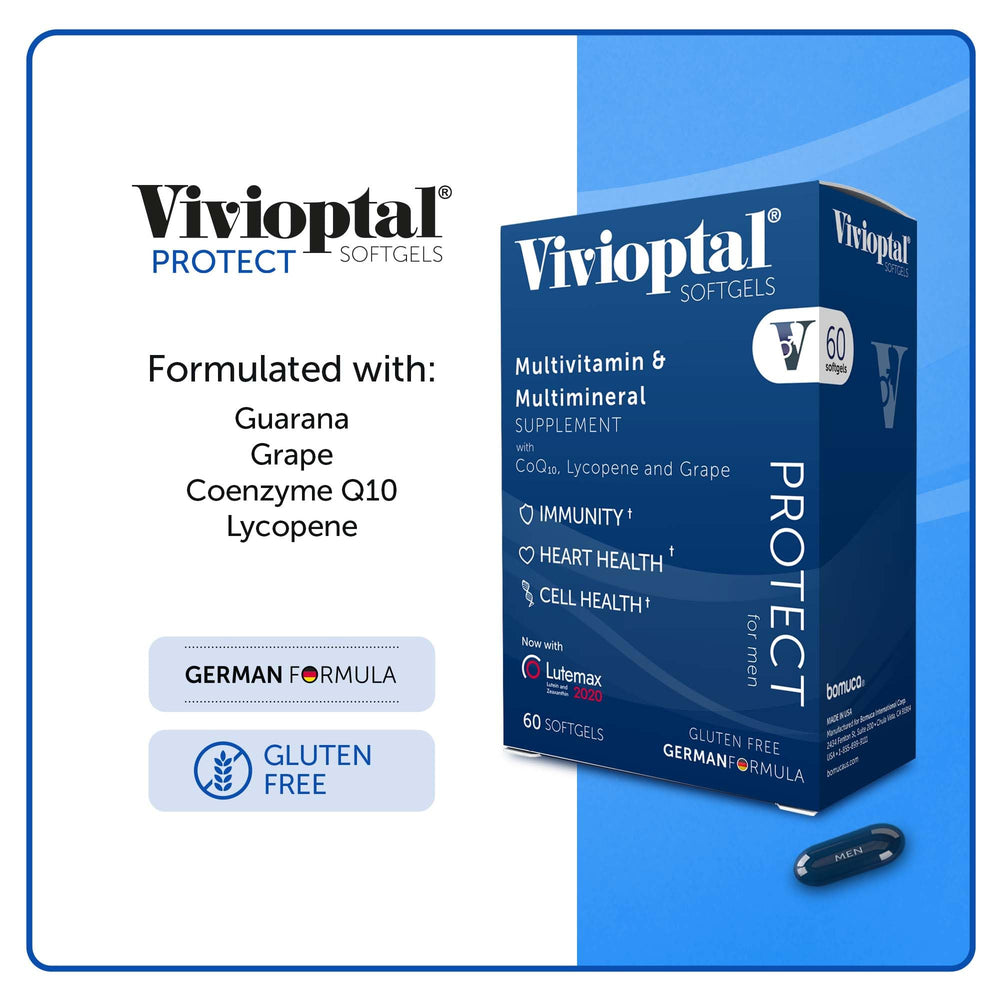 Vivioptal Men packaging highlights gluten-free German formula on the label.