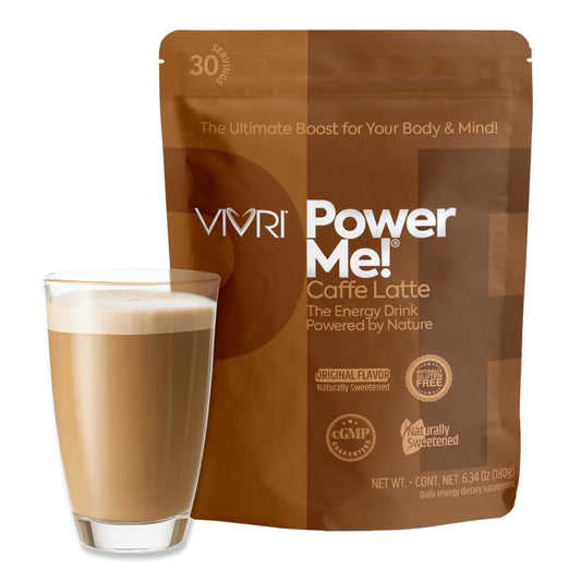 VIVRI PowerMe! energy bottle with latte flavor for a smooth daytime boost.