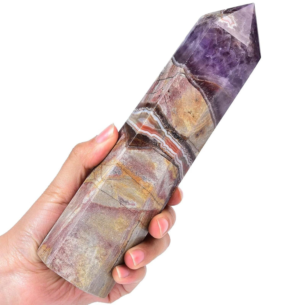 Vizytou amethyst agate crystal wand close-up aiding mindful focus during sessions.