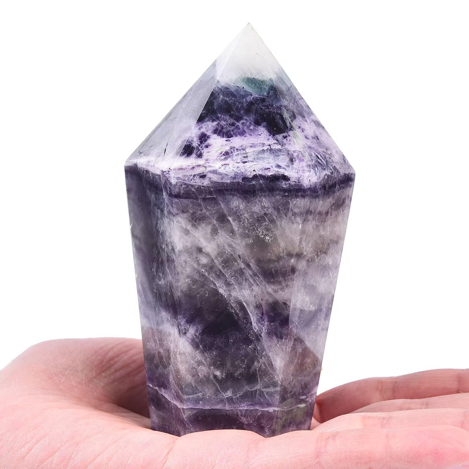 VIZYTOU colorful fluorite stone obelisk displayed for meditation and energy balance.