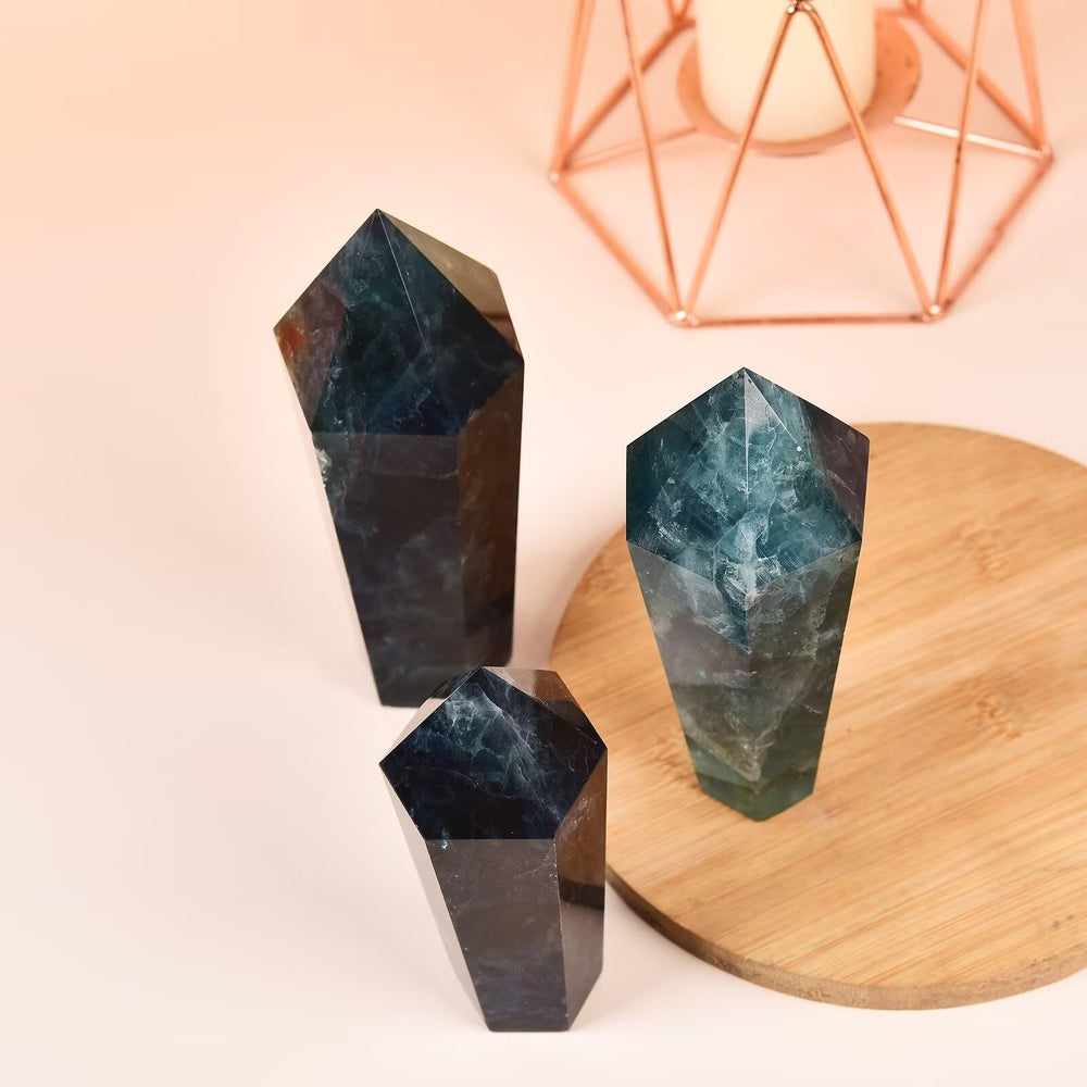 Vizytou green fluorite tower close-up reveals crystal texture ideal for display and collecting.