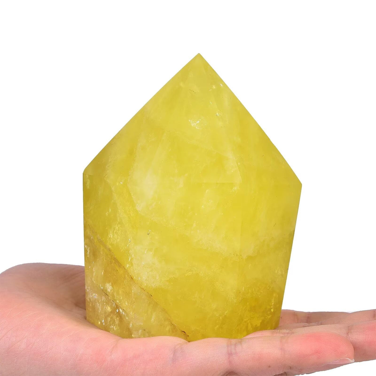Vizytou Lemon Quartz Tower Obelisk front view, ideal for meditation and peaceful spaces.