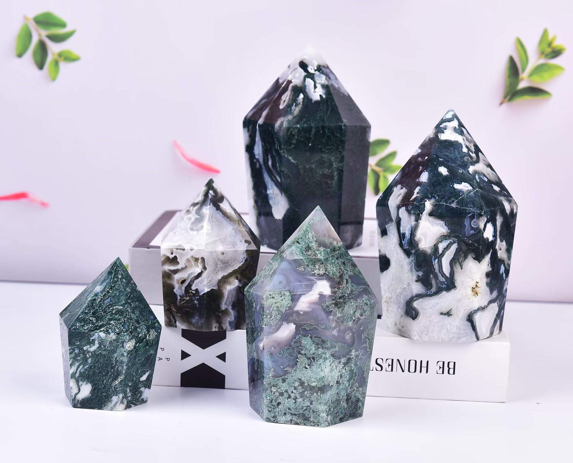 VIZYTOU moss agate obelisk on desk elevates workspace energy