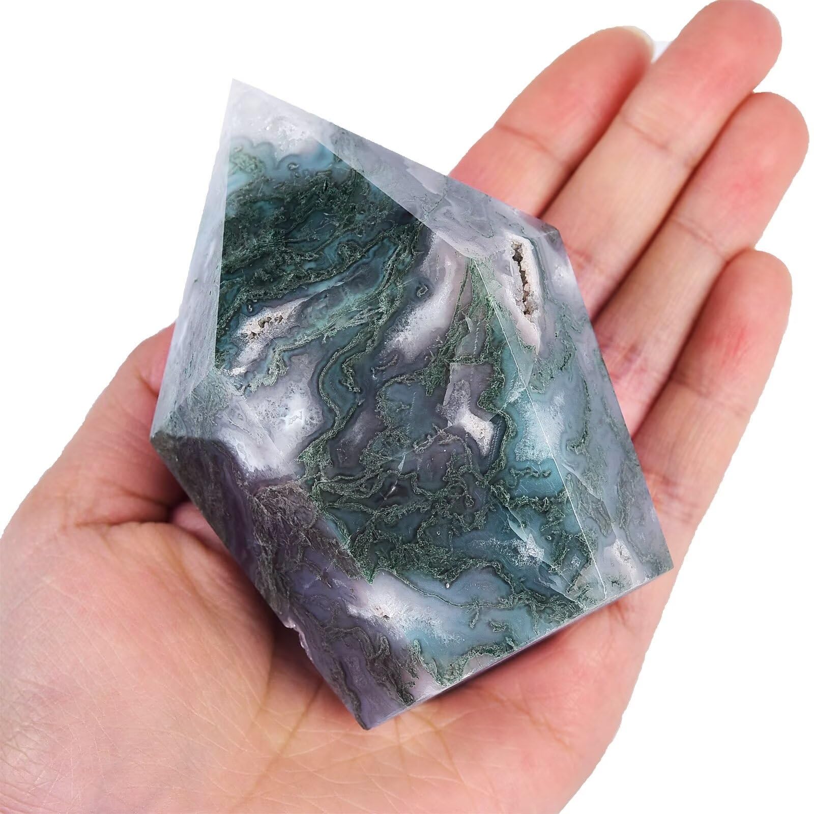 VIZYTOU moss agate tower obelisk full view for home decor and meditation