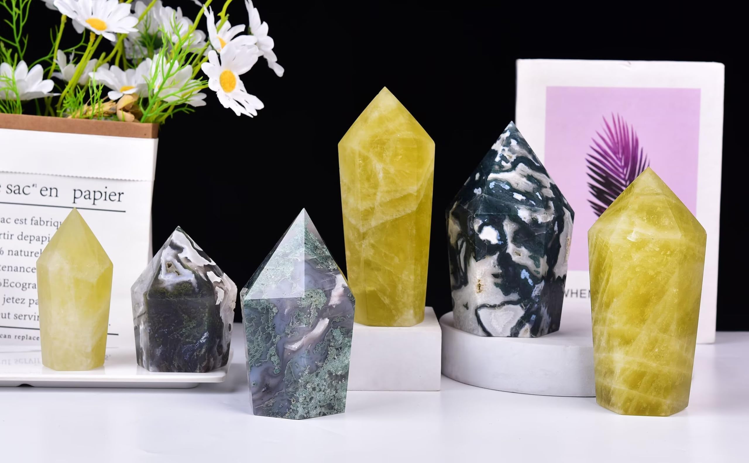 VIZYTOU moss agate obelisk packaged for gifting