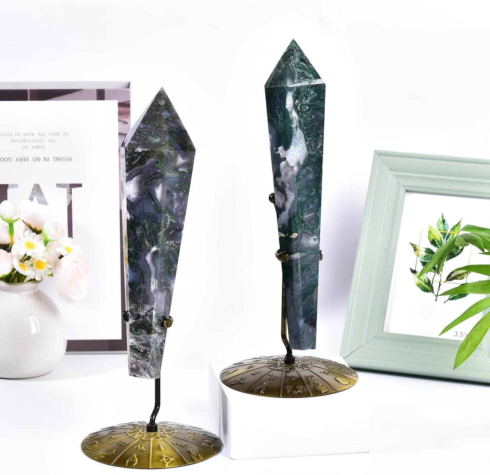 VIZYTOU Moss Agate Wand Point craftsmanship highlighted in natural crystal