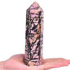 VIZYTOU Rhodonite Stone Tower Obelisk wand displayed as calming decor
