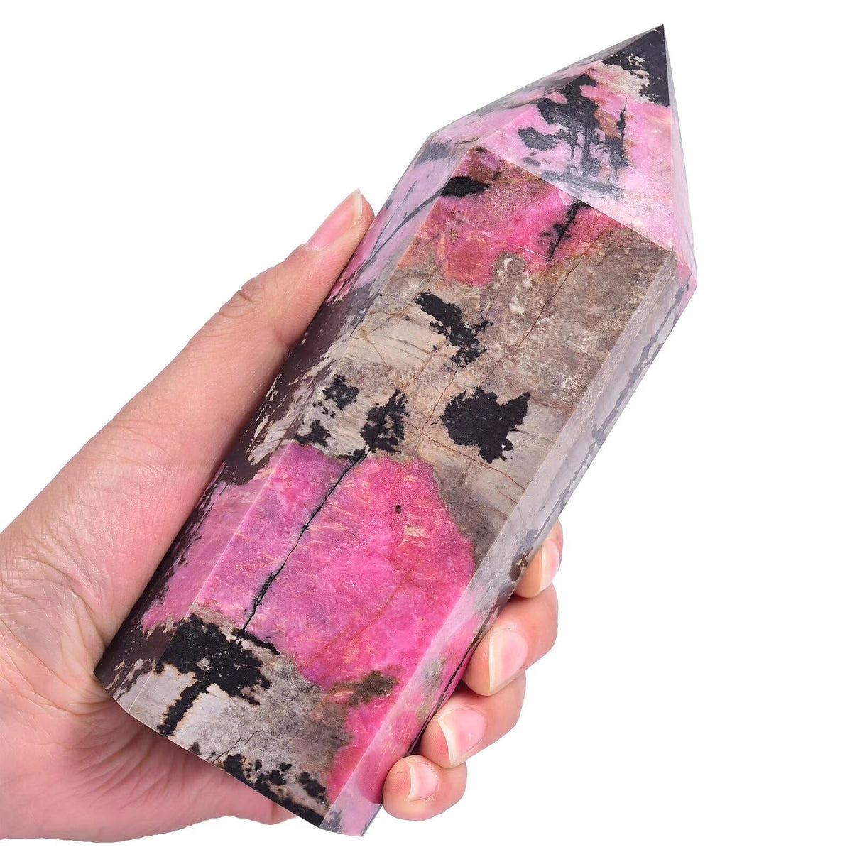 Vizytou Rhodonite Tower Obelisk close-up with rosy color and polished facets for meditation