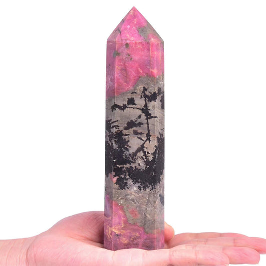Vizytou Rhodonite Tower Obelisk side profile highlighting hexagonal facets for display