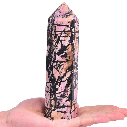 VIZYTOU rhodonite wand close-up highlights natural facets and color variations for decor.
