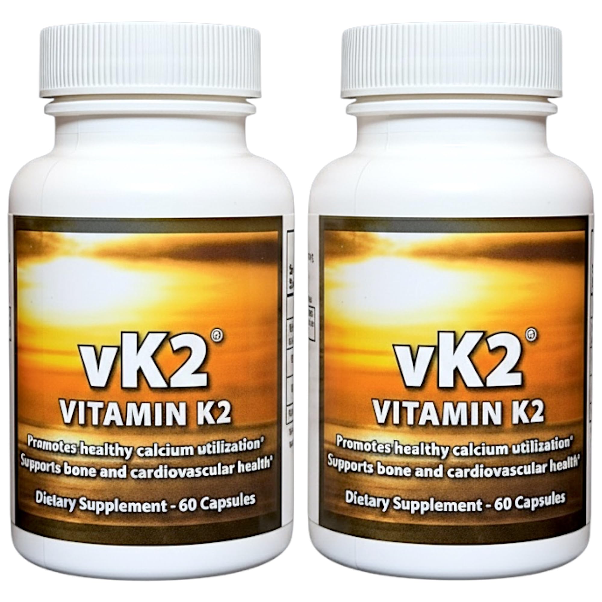 vk2 bottle front label showing dual-form K2 for bone and heart support