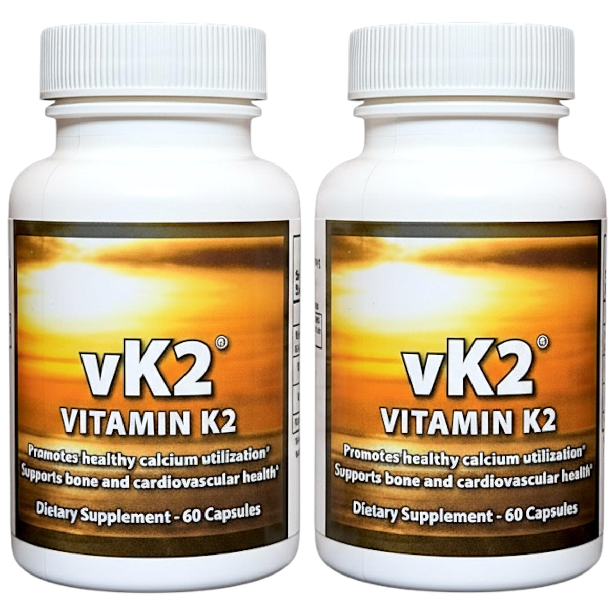 vk2 bottle front label showing dual-form K2 for bone and heart support