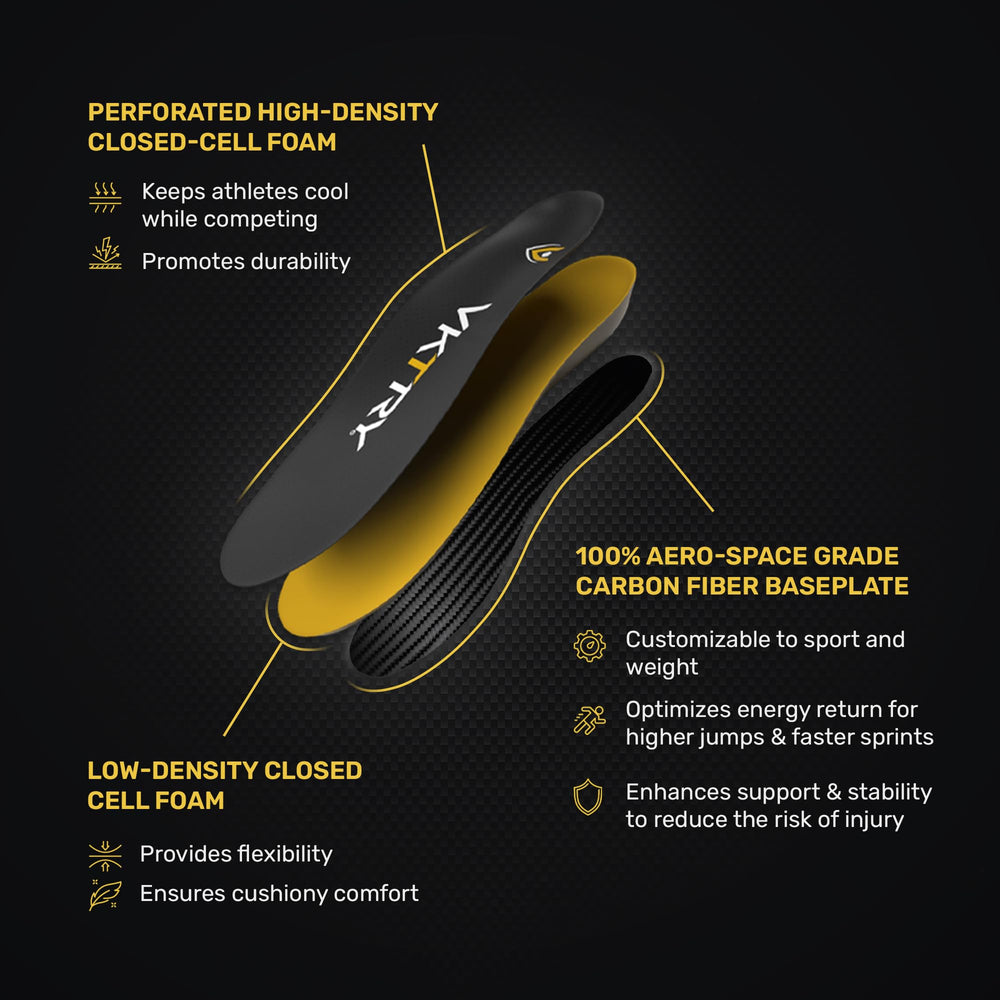Athlete wearing VKTRY Gold insoles shows explosive sprinting efficiency.