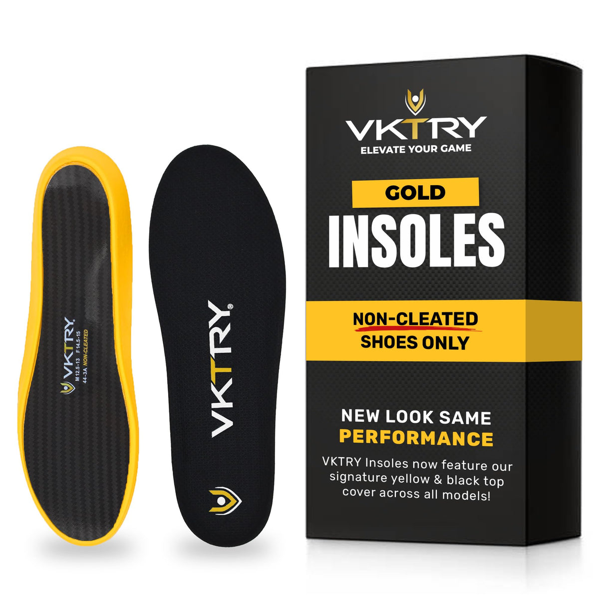 VKTRY Gold carbon-baseplate insoles boost energy return in non-cleated shoes.