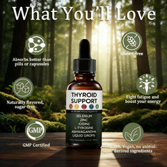 Vlsdoin Kindled Thyroid Support Drops on countertop with glass of water