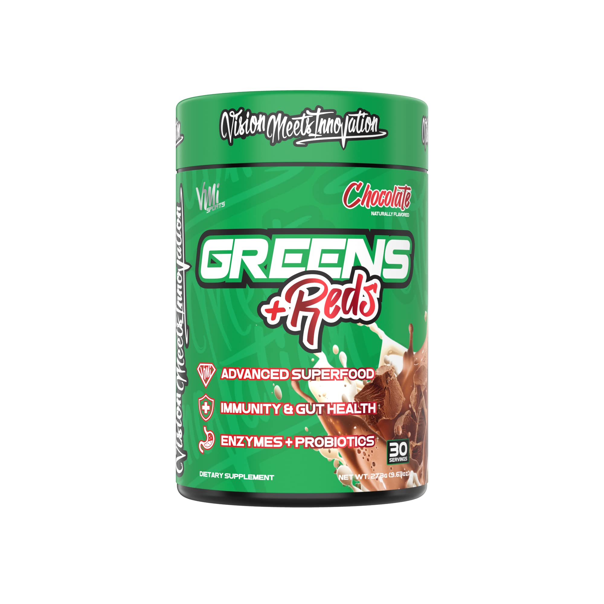 VMI Sports 30 servings label on greens-reds tub.