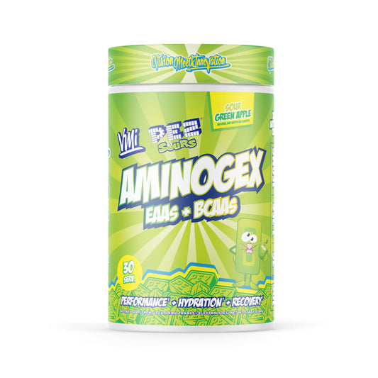 VMI Sports Aminogex Ultra bottle label highlights BCAA formula for workouts.
