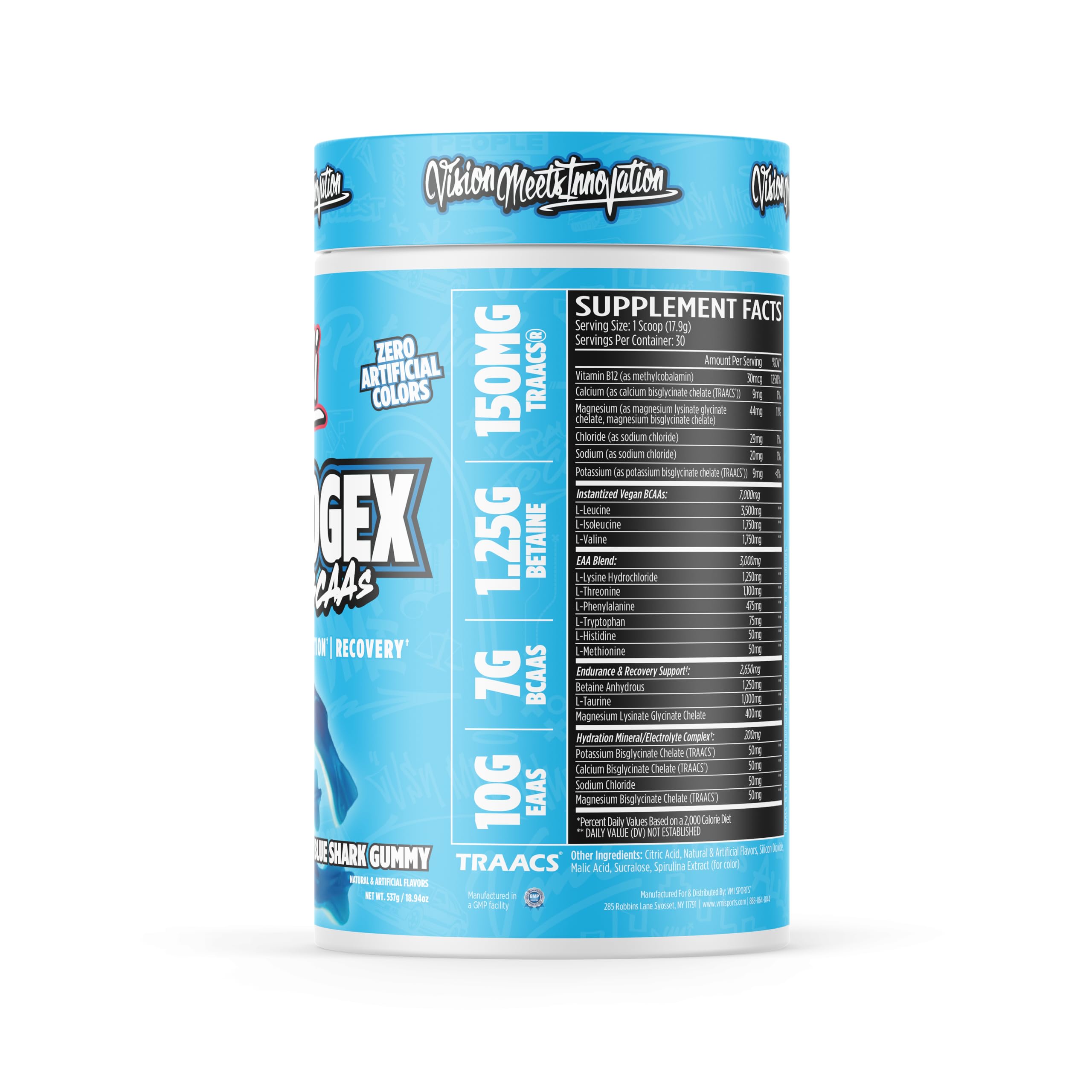 Blue Shark Gummy flavor label highlights electrolytes and amino blend.