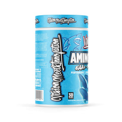 Aminogex Ultra tub on gym shelf signals hydration and amino support.
