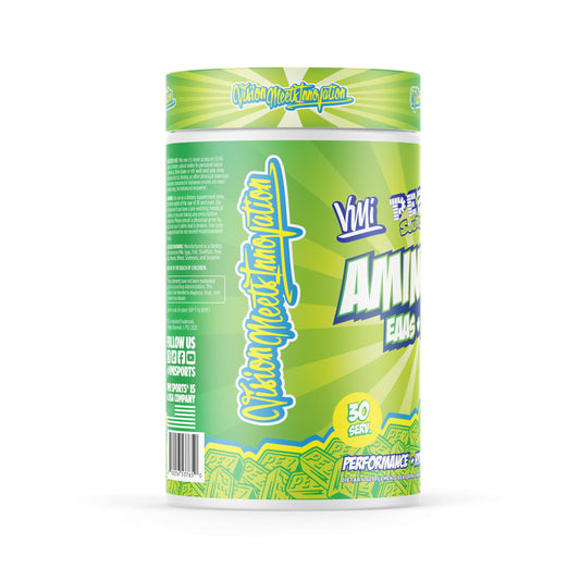Aminogex Ultra scoop and label ready for pre- or post-workout use.