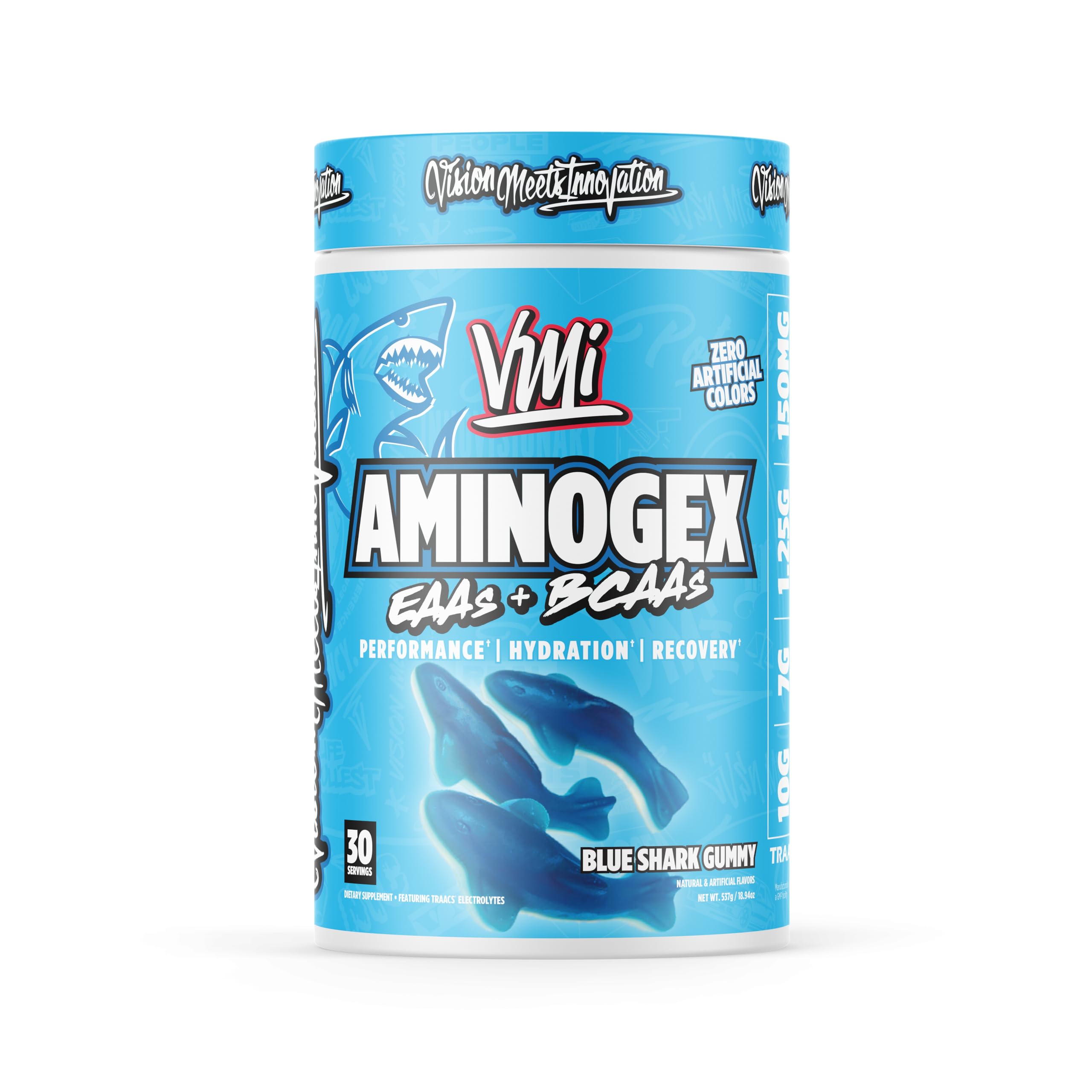 VMI Sports Aminogex Ultra tub in blue shark gummy flavor for on-the-go hydration.