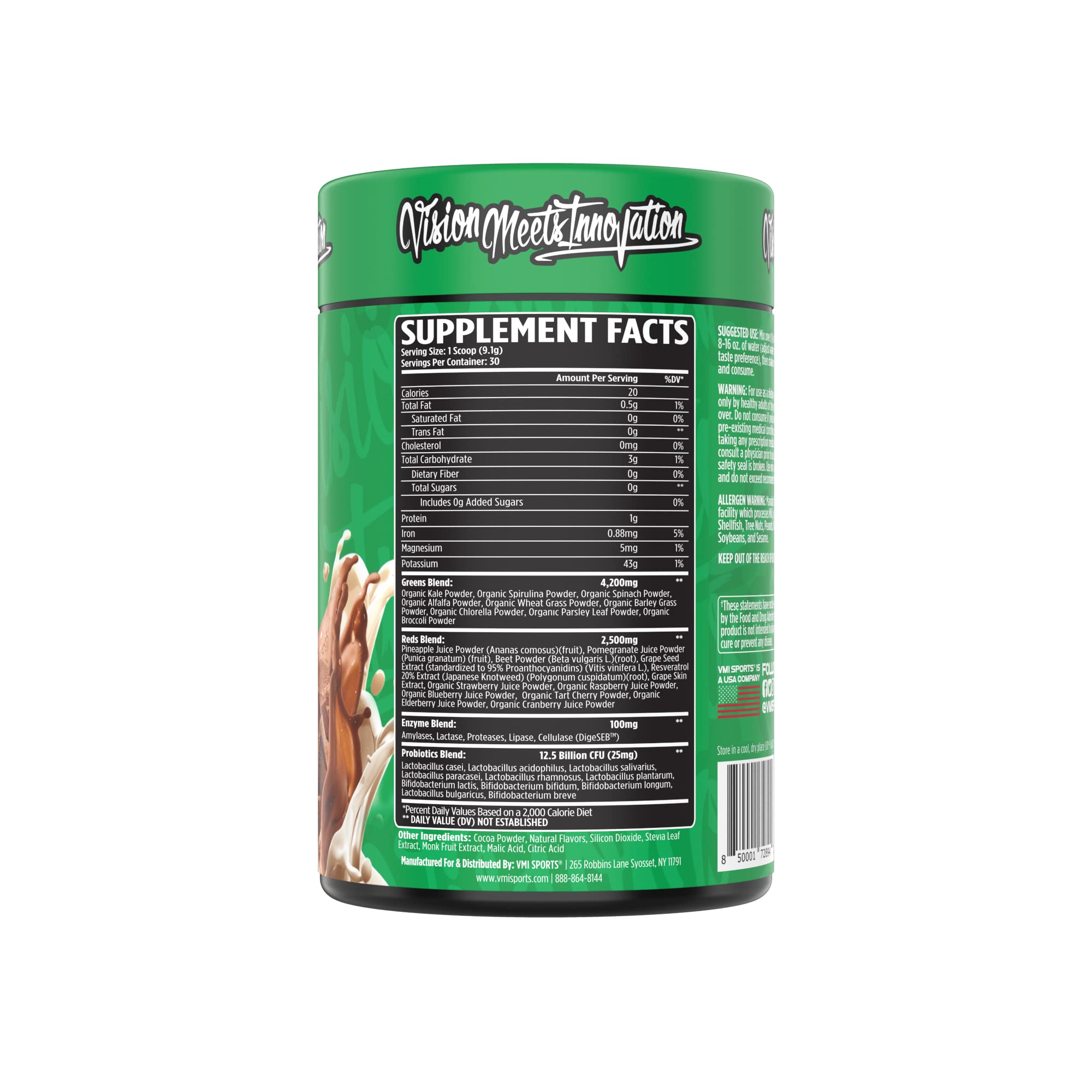 VMI Sports Chocolate flavor scoop blending into a shake.