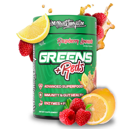 VMI Sports Greens + Reds bottle being poured for daily immunity and gut health.