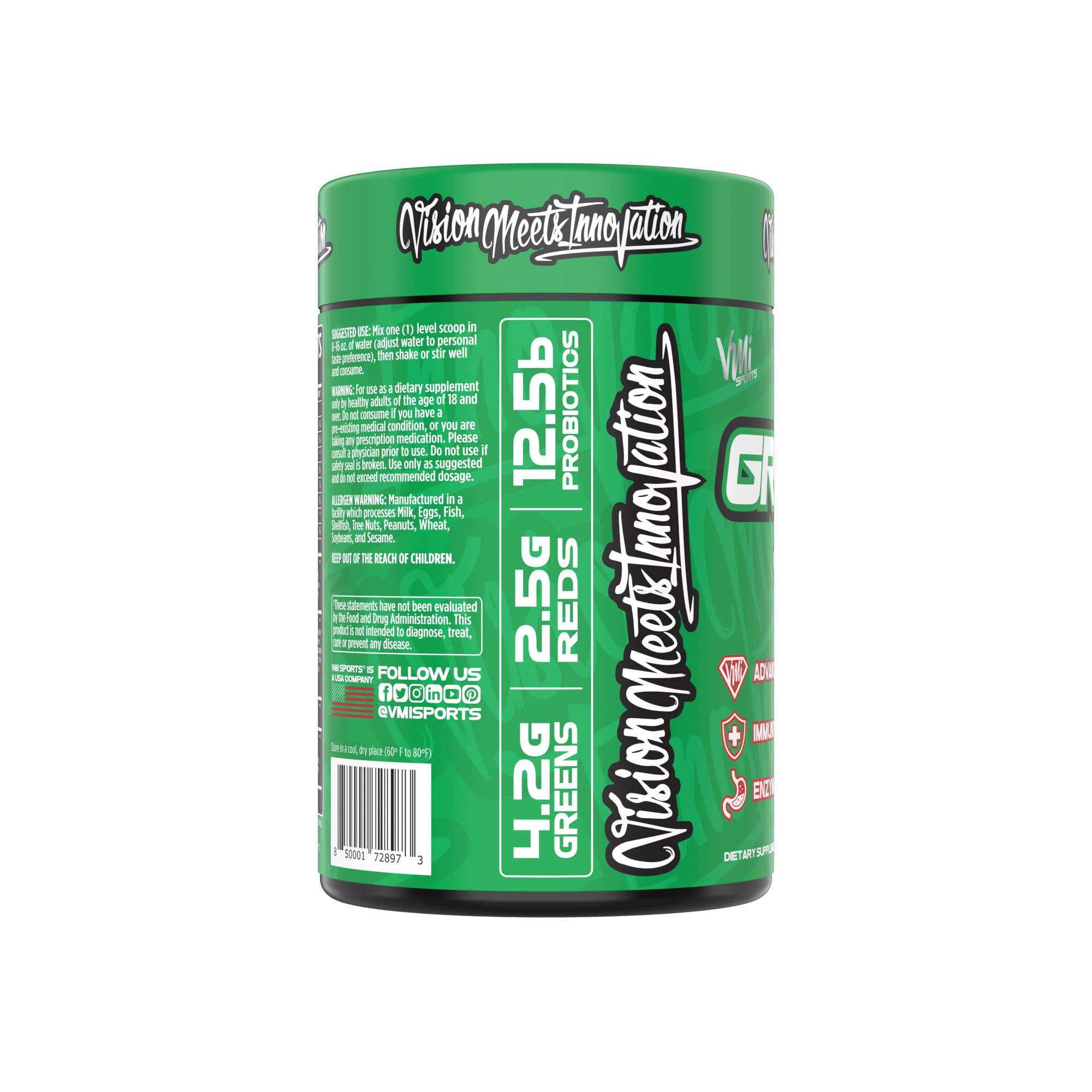 Digestive enzymes icon on packaging for VMI Sports Greens + Reds.