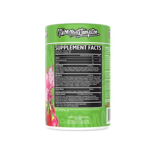 VMI Greens + Reds scoop beside dragon fruit powder for easy mixing
