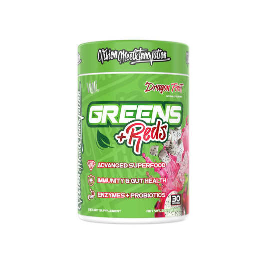 VMI Greens + Reds dragon fruit powder in a bottle for daily use