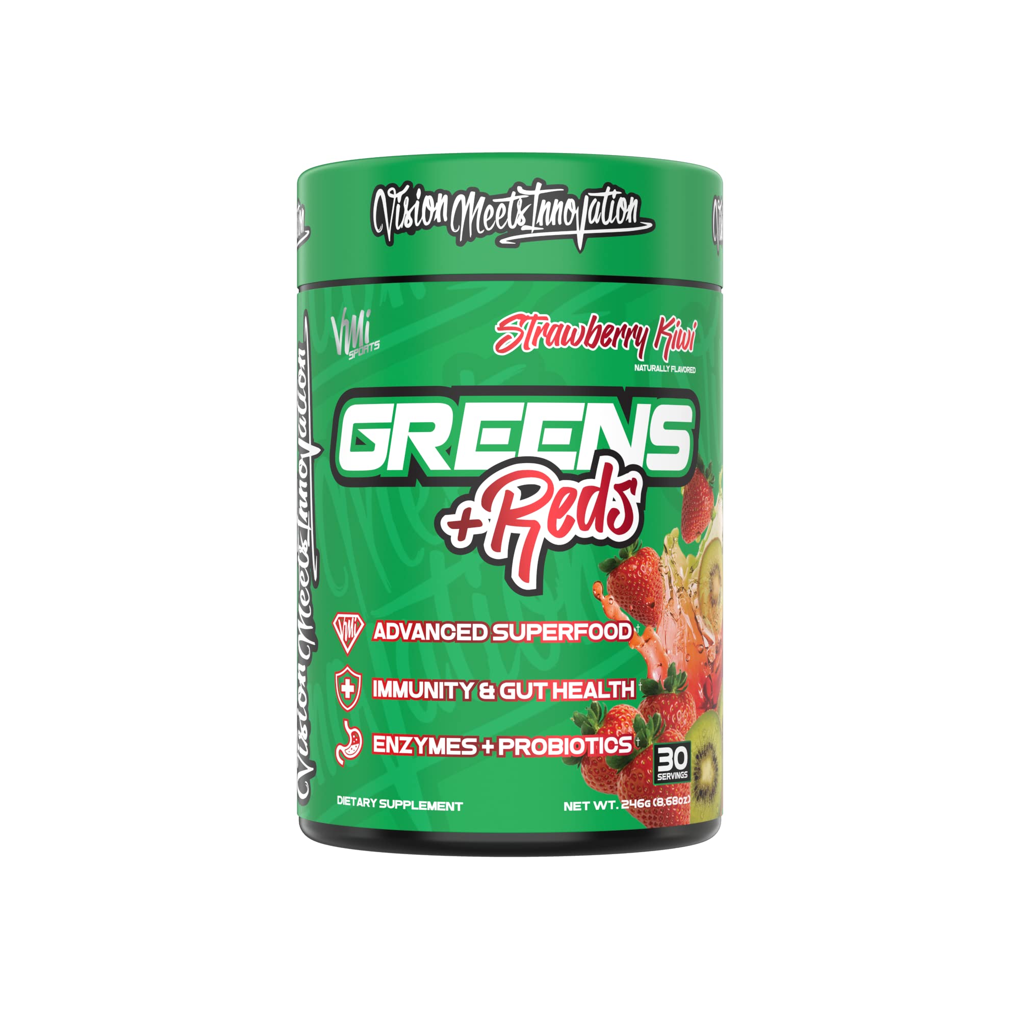 Glass of water with VMI Sports Greens + Reds powder being poured.